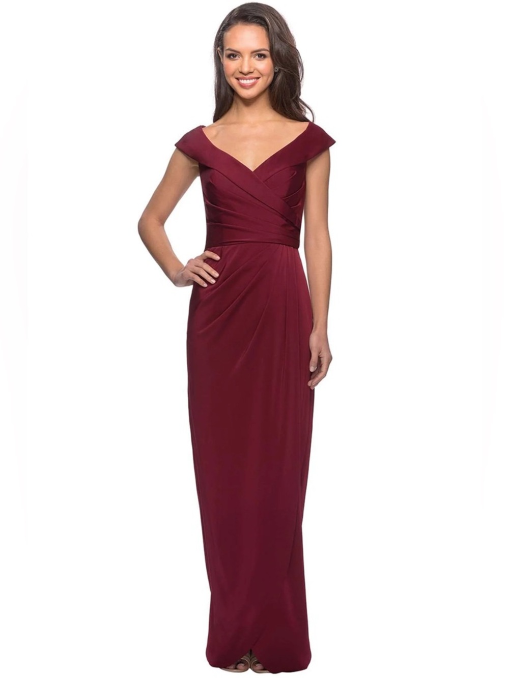 La Femme 14 Burgundy Red V-Neck Ruched Bodice Formal Sheath Holiday Dress